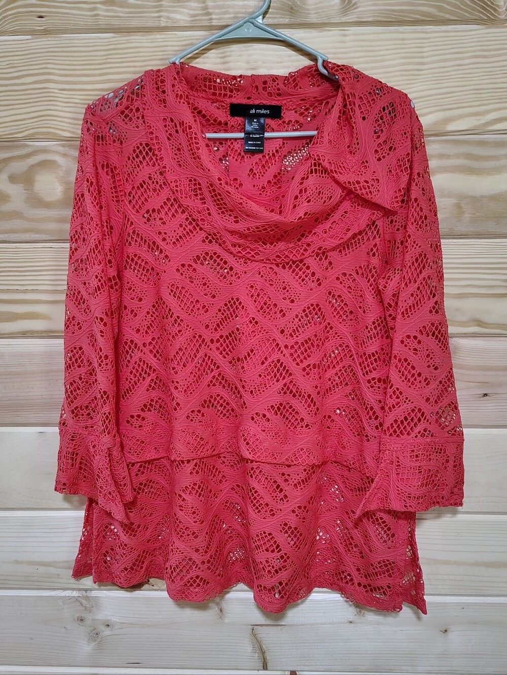 Ali Miles Coral Orange Lace Cowl Neck Ruffle Bell Sleeve Tunic Top Medium Artsy